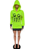Fluorescent green England Long Sleeves Hooded Step Skirt skirt Print Character Fluorescent Solid asymmetrical Dresses
