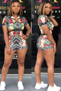 Red Sexy Fashion Patchwork Print Straight Short Sleeve Two-Piece Short Set