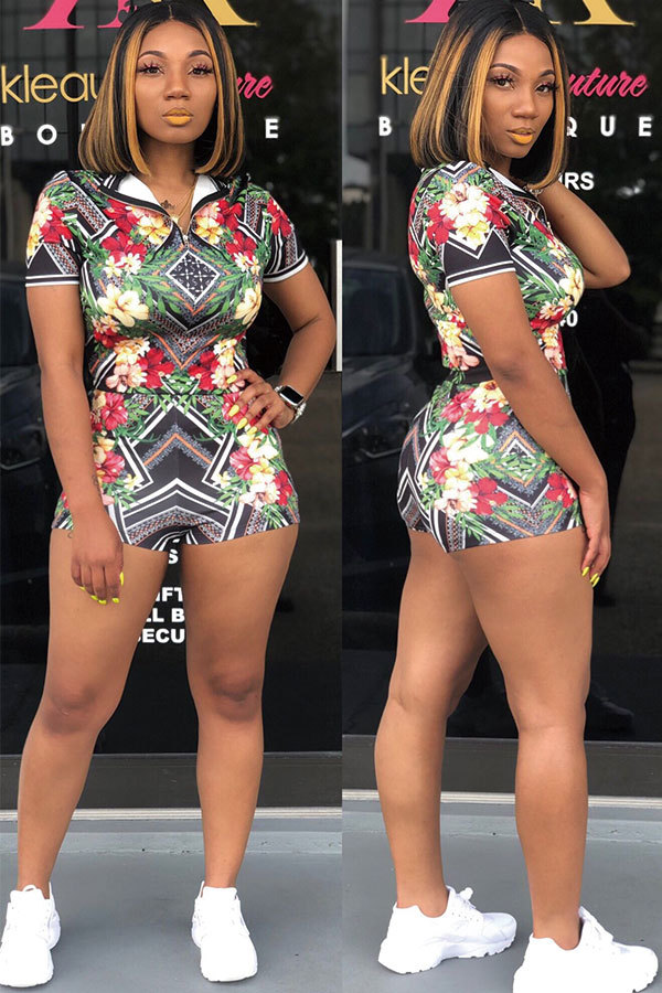 Red Sexy Fashion Patchwork Print Straight Short Sleeve Two-Piece Short Set