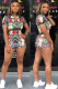 Red Sexy Fashion Patchwork Print Straight Short Sleeve Two-Piece Short Set