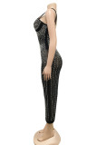 Apricot Sexy Geometric Hot Drill Spaghetti Strap Sling Dress Dresses