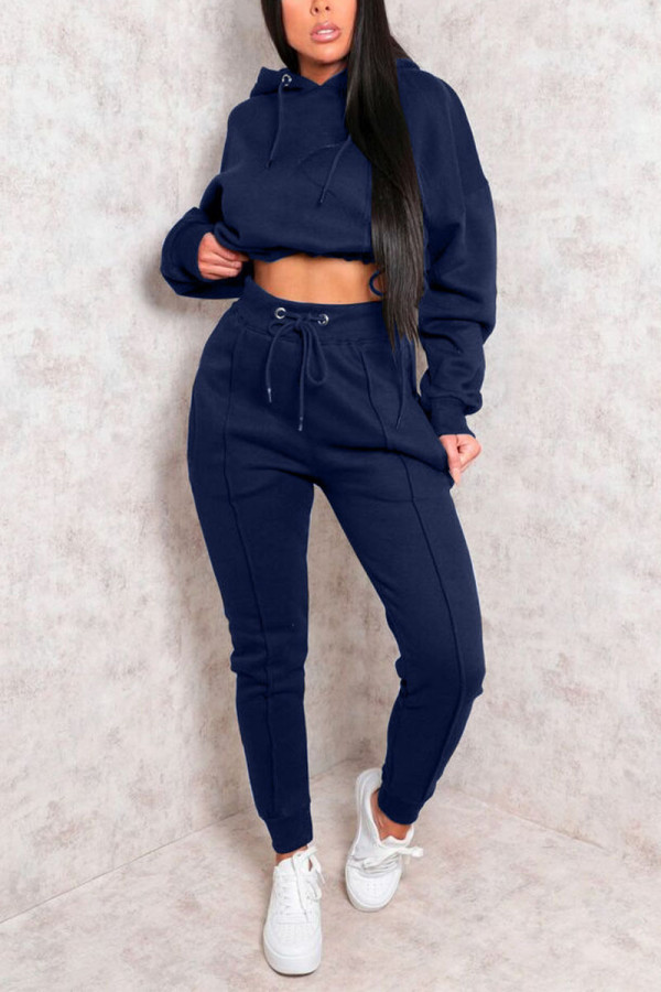 Tibetan Blue Sweet Solid Patchwork Hooded Collar Long Sleeve Two Pieces