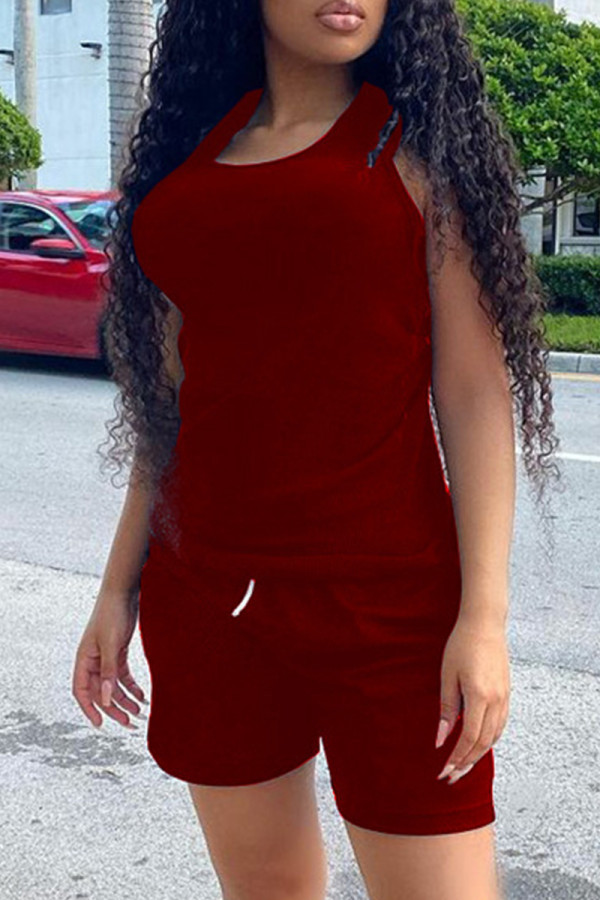 Burgundy Fashion Casual Solid Basic O Neck Sleeveless Two Pieces