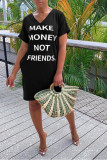 Black Fashion Casual White Black Sleeve Short Sleeves V Neck Straight Knee-Length Print Dresses