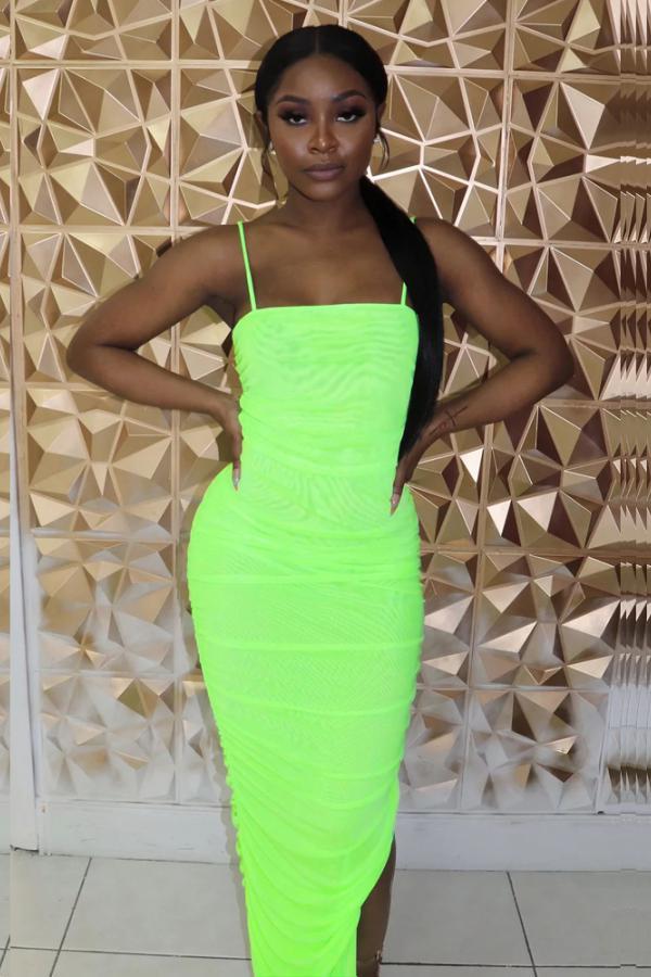 Fluorescent green Sexy Fashion Spaghetti Strap Sleeveless Slip Slim Dress Ankle-Length asymmetrical Draped S