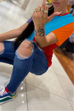 Blue Fashion Casual Patchwork Basic O Neck T-Shirts