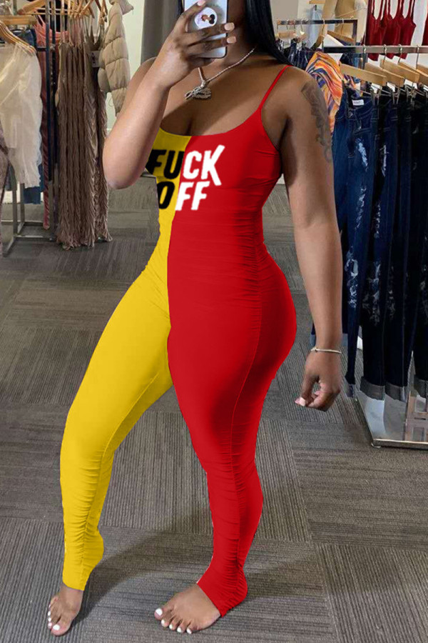 Yellow Red Fashion Sexy Letter Print Patchwork Backless Fold O Neck Skinny Jumpsuits