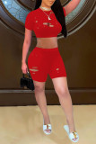 Red Fashion Casual Solid Ripped Hollowed Out O Neck Short Sleeve Two Pieces