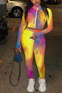 Yellow Sexy Casual Print Straight Long Sleeve Two Pieces
