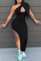 Black Fashion Sexy Solid Hollowed Out Slit One Shoulder Sleeveless Dress Dresses