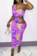 Purple Sexy Print Hollowed Out Spaghetti Strap Pencil Skirt Dresses