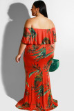 Red Fashion Sexy adult One word collar Print Floral Floral