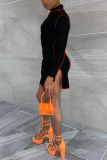 Brown Casual Solid Patchwork Half A Turtleneck Irregular Dress Dresses