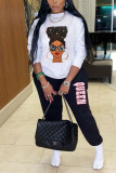 White Fashion Casual Print Basic O Neck Long Sleeve Two Pieces