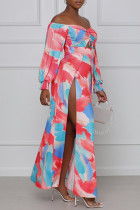Pink Fashion Sexy Print Hollowed Out Slit Off the Shoulder Long Sleeve Dresses