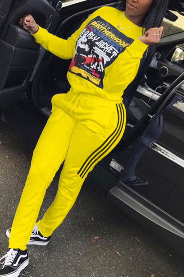 Yellow Fashion Casual Adult Print Patchwork O Neck Long Sleeve Regular Sleeve Regular Two Pieces