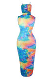 Blue Fashion Sexy adult Blue Orange Yellow purple Off The Shoulder Sleeveless Turtleneck Step Skirt Ankle-Length Print Patchwork Tie and dye Dresses