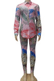 Pink Fashion British Style Adult Print Patchwork Turndown Collar Long Sleeve Regular Sleeve Regular Two Pieces