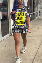 Black Fashion adult Street Letter Patchwork Print Two Piece Suits Straight Short Sleeve Two Pieces