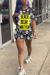 Black Fashion adult Street Letter Patchwork Print Two Piece Suits Straight Short Sleeve Two Pieces