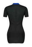 Royal blue Sexy Fashion Cap Sleeve Short Sleeves Turndown Collar Step Skirt skirt Patchwork Print chain 