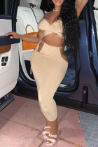 Beige Sexy Solid Hollowed Out Strapless Sleeveless Two Pieces