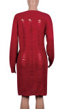 Maroon cardigan Long Sleeve HOLLOWED OUT Patchwork Split 