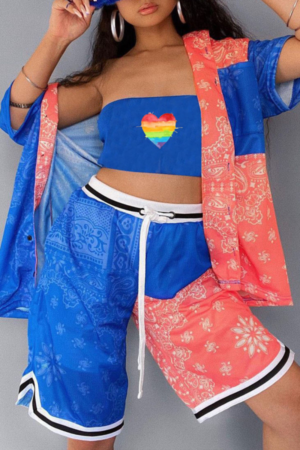 Multicolor Fashion Casual Print Patchwork Turndown Collar Short Sleeve Two Pieces