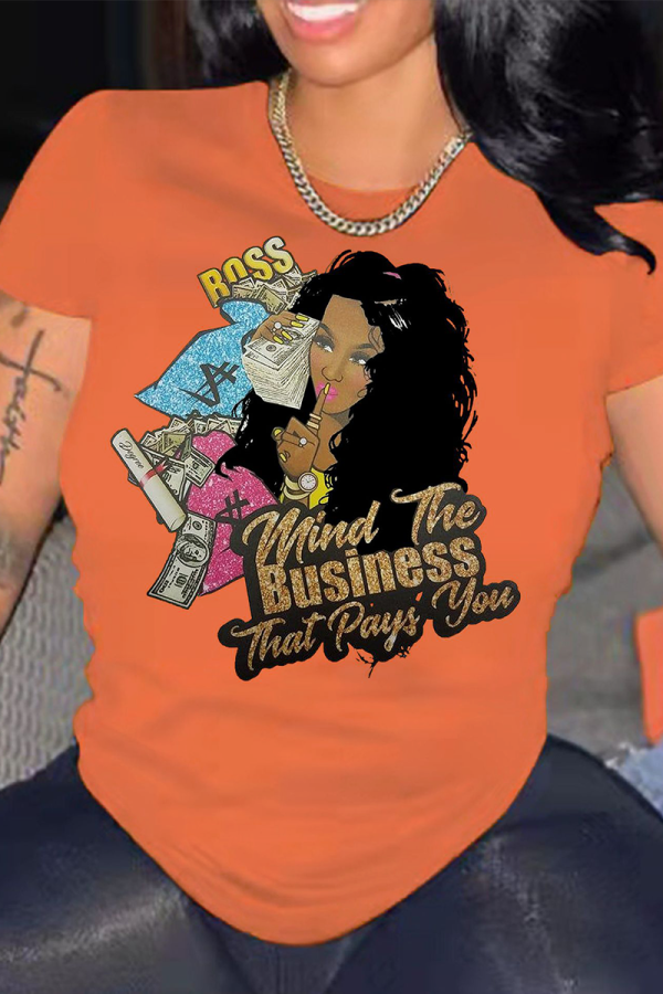 Tangerine Red Casual Print Patchwork O Neck T-Shirts