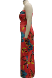 Red Sexy Print Hollowed Out Strapless Pencil Skirt Dresses
