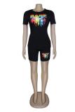 Black Casual Camouflage Straight Short Sleeve Two-Piece Short Set