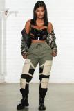 Army Green Elastic Fly Sleeveless Mid bandage Solid Patchwork Harlan pants Pants Pants