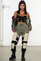 Army Green Elastic Fly Sleeveless Mid bandage Solid Patchwork Harlan pants Pants Pants