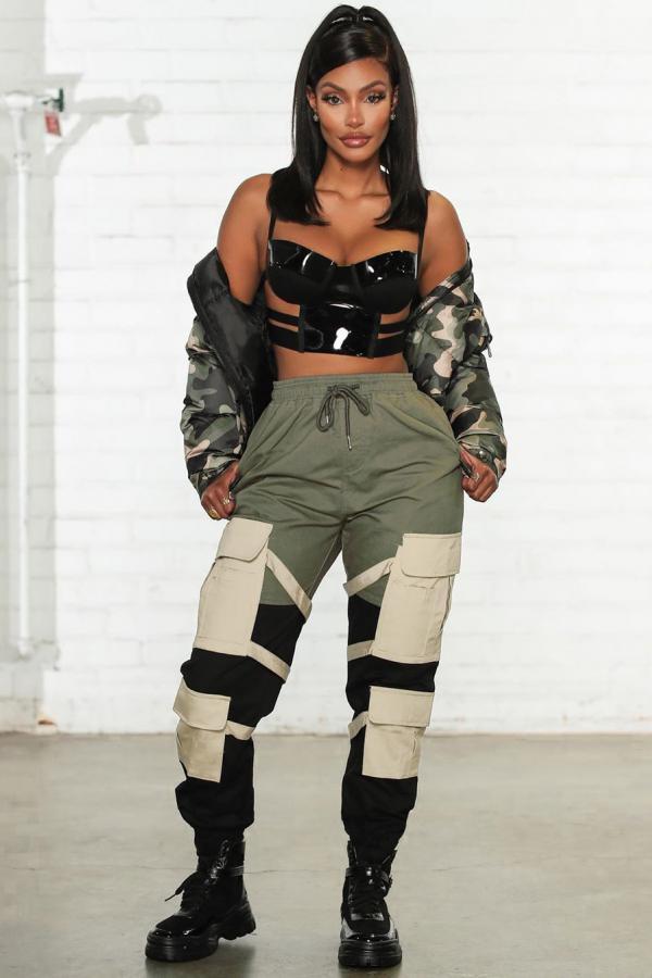 Army Green Elastic Fly Sleeveless Mid bandage Solid Patchwork Harlan pants Pants Pants