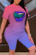 Pink Purple Casual Gradual Change Lips Printed Patchwork O Neck Short Sleeve Two Pieces