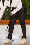 Red Fashion Sexy Solid Draw String See-through Regular Mid Waist Trousers