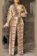 Leopard Print Casual Leopard Patchwork Turndown Collar Plus Size Two Pieces
