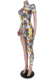 Yellow Sexy Print Patchwork Turtleneck Skinny Jumpsuits