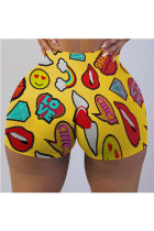 Yellow Milk Silk Elastic Fly Mid Print Skinny shorts Bottoms