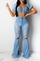 Light Blue Denim Zipper Fly High Hole washing Boot Cut Pants Bottoms