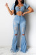 Light Blue Denim Zipper Fly High Hole washing Boot Cut Pants Bottoms