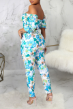 Blue Sexy Print Patchwork Off the Shoulder Half Sleeve Two Pieces