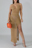 Red Sexy Solid Patchwork Spaghetti Strap Irregular Dress Dresses