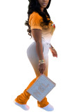 Orange Fashion Casual adult Ma'am O Neck Print Two Piece Suits Lips Print Pattern Plus Size