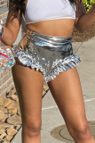 Silver Sexy Solid Flounce Skinny High Waist Pencil Solid Color Bottoms