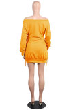 Yellow Sexy Fashion One Shoulder Long Sleeves One word collar Hip skirt skirt backless eyelet bandage Club