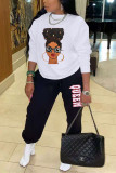 Deep Blue Fashion Casual Print Basic O Neck Long Sleeve Two Pieces