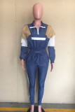 Blue Casual Patchwork Patchwork Zipper Collar Long Sleeve Regular Sleeve Two Pieces