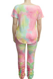 Blue Fashion Casual adult Ma'am O Neck Tie Dye Two Piece Suits Plus Size