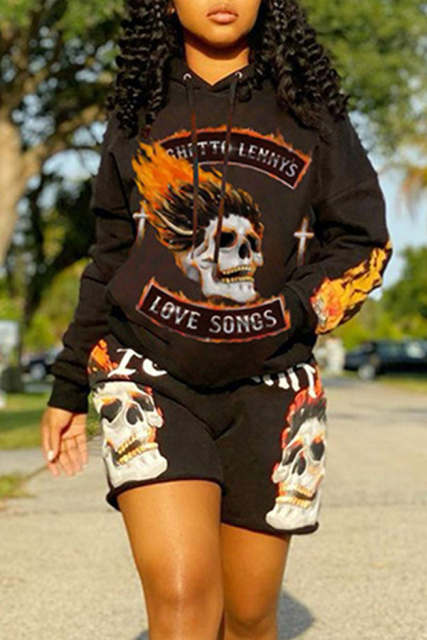 Yellow Street Print Patchwork Hooded Collar Long Sleeve Two Pieces